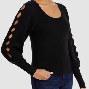 Tahari Women's Black Scoop Neck Long Bishop Sleeve Cutout Sweater